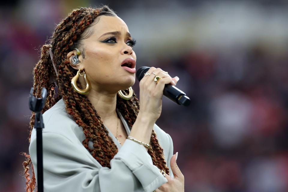 Andra Day performs "Lift Every Voice and Sing" before Super Bowl LVIII at Allegiant Stadium Feb. 11, 2024 in Las Vegas.