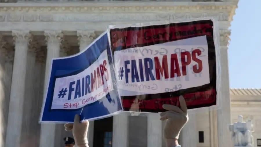 In this March 2019 photo, organizations and individuals gathered outside the Supreme Court, where they heard gerrymandering cases, holding signs arguing the manipulation of district lines is the manipulation of elections. (Photo: Aurora Samperio/NurPhoto via Getty Images)