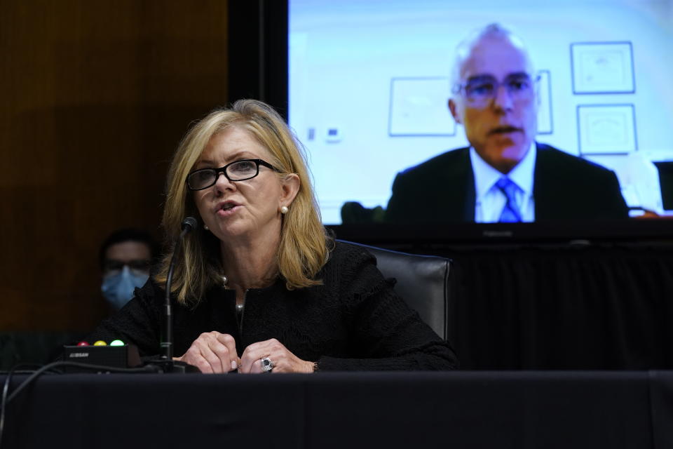 Sen. Marsha Blackburn, R-Tenn., questions former FBI deputy director Andrew McCabe during a Senate Judiciary Committee hearing on Capitol Hill in Washington, Tuesday, Nov. 10, 2020, on a probe of the FBI's Russia investigation. (AP Photo/Susan Walsh, Pool)