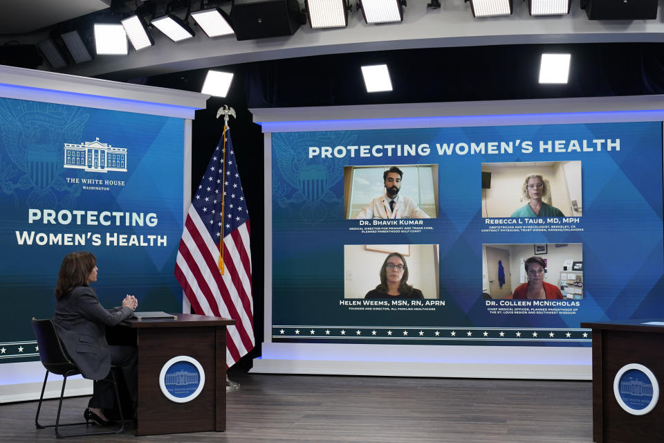 Vice President Kamala Harris speaks during a virtual meeting with abortion providers from the South Court Auditorium on the White House complex in Washington, Thursday, May 19, 2022. (AP Photo/Susan Walsh)