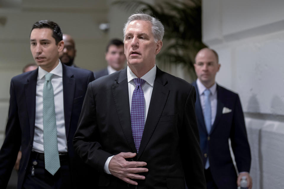 Speaker of the House Kevin McCarthy, R-Calif., arrives for a closed-door meeting with the Republican Conference, at the Capitol in Washington, Tuesday, Jan. 31, 2023. McCarthy is set to meet with President Joe Biden at the White House on Wednesday to discuss the debt ceiling. (AP Photo/J. Scott Applewhite)