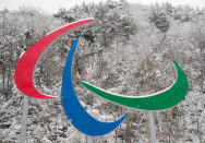 The Paralympic symbols (The Agitos) are seen at the Jeongseon Alpine Centre in Pyeongchang, South Korea, March 8, 2018. OIS/IOC/Simon Bruty/Handout via Reuters