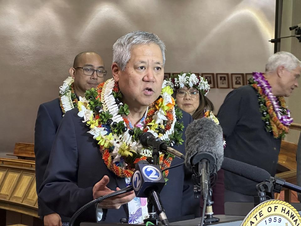 House Speaker Scott Saiki speaks to reporters at the Hawaii State Capitol on Friday, May 3, 2024, the last day of the legislative session. Hawaii lawmakers on Friday wrapped up a legislative session heavily focused on addressing Maui's needs after last year's deadly Lahaina wildfire. (AP Photo/Audrey McAvoy)