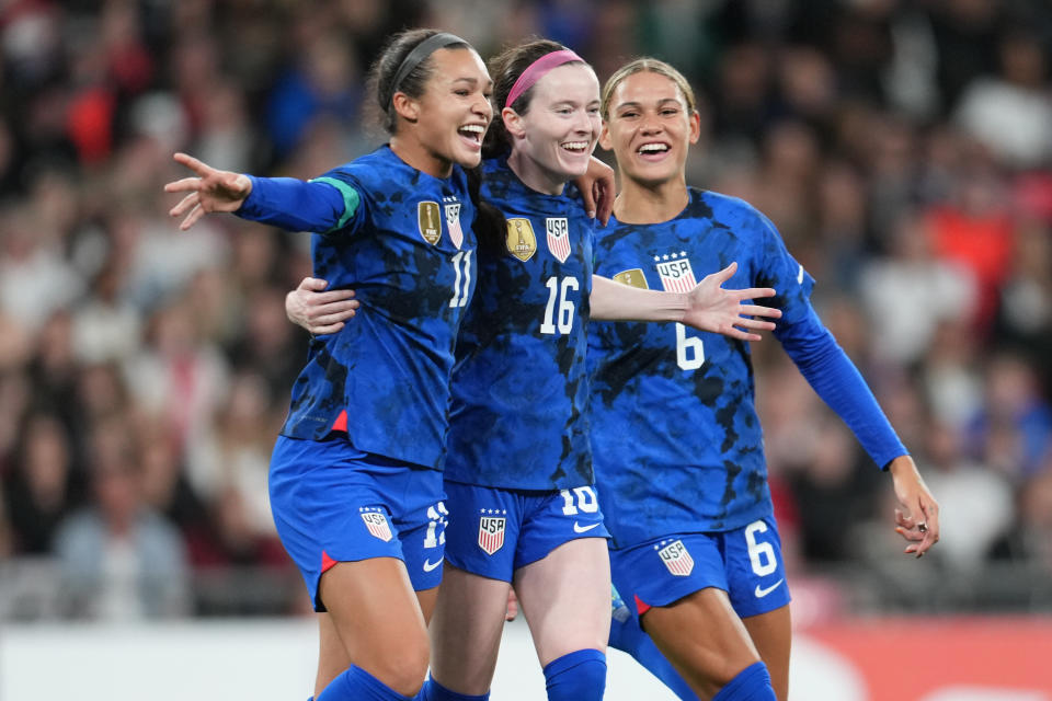 LONDON, ENGLAND - OCTOBER 7: Sophia Smith #11 of the United States celebrates her goal with team mate Rose Lavelle #16 and Trinity Rodman #6 during a game between England and USWNT at Wembley Stadium on October 7, 2022 in London, England. (Photo by Brad Smith/ISI Photos/Getty Images)