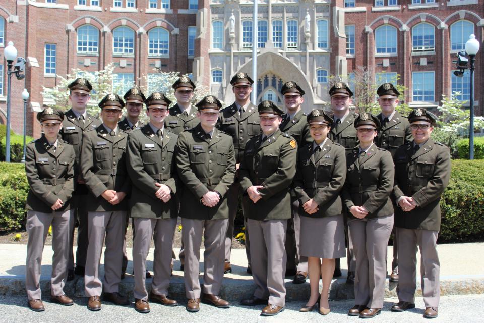 New Army officers commissioned from the Providence College Patriot Battalion: Front row, from left: 2nd Lieutenants Amanda Guerriero, Nicholas Brancato, Domenic Bettinelli, Liam Minnick, Carson Morrison, Rachel Huynh, Sabrina DeAlmeida and Ryne Passauer. Back row, from left: 2nd Lieutenants Braeden Weston, Gerilyn Maselli, Sean Harris, Samuel Mason, Charles Hultman, William Murray and Braiden Wills.