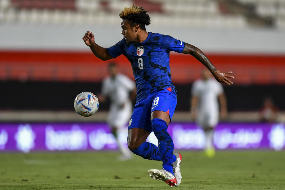 United States' Weston McKennie controls the ball during the international friendly soccer match between Saudi Arabia and United States in Murcia, Spain, Tuesday, Sept. 27, 2022. (AP Photo/Jose Breton)