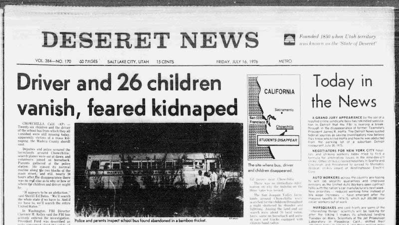 The front page of the Deseret News on July 16, 1976, the day after a group of school children in Chowchilla, Calif., went missing.