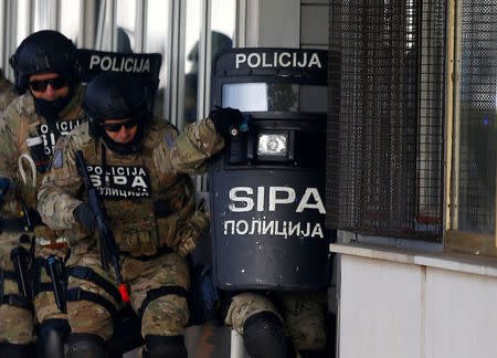 Participants of the European Union Force (EUFOR), Armed Forces, Border Police and State Investigation and Protection Agency (SIPA) of Bosnia and Herzegovina practice an anti-terrorism situation during an exercise at the Sarajevo International Airport, Bosnia and Herzegovina October 13, 2017. REUTERS/Dado Ruvic