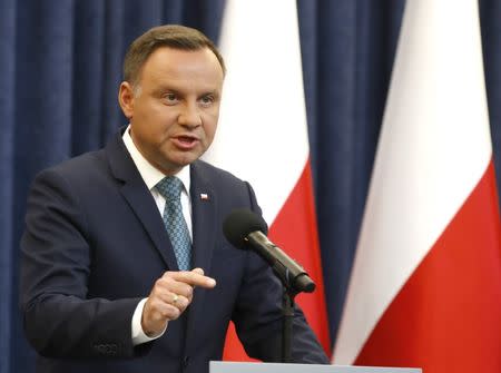 Poland's President Andrzej Duda speaks during his media announcement about Supreme Court legislation at Presidential Palace in Warsaw, Poland, July 24, 2017. REUTERS/Kacper Pempel