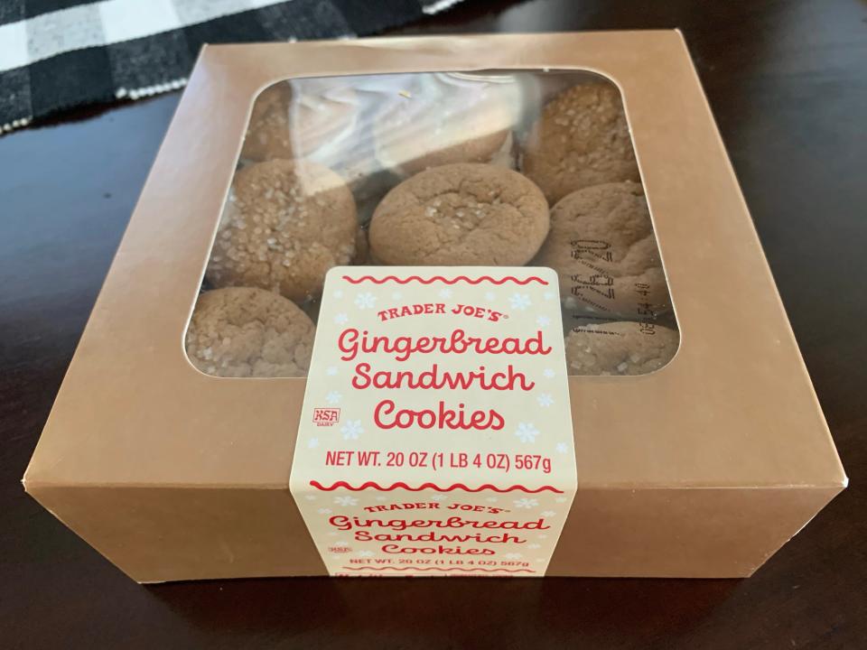 trader joes gingerbread sandwich cookies in brown box