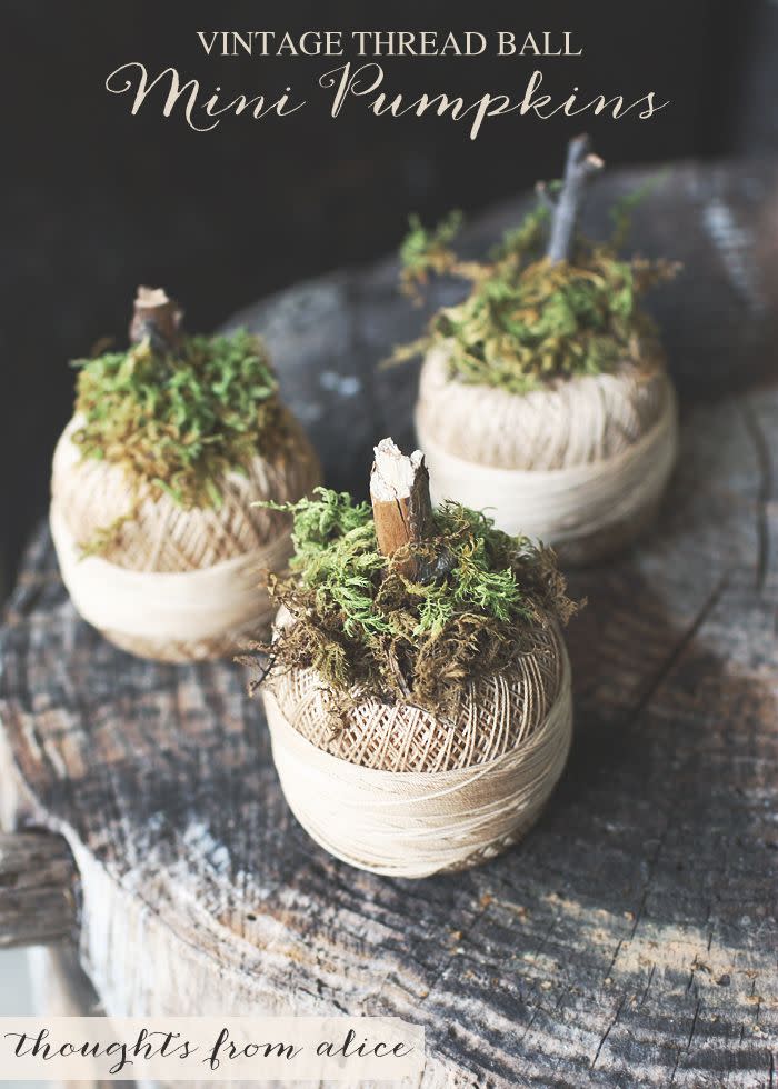 <p>These little pumpkins are so cute and simple—perfect for outdoor decor.</p><p><strong>Get the tutorial at <a href="http://www.thoughtsfromalice.com/2014/09/vintage-thread-ball-mini-pumpkins.html" rel="nofollow noopener" target="_blank" data-ylk="slk:Thoughts from Alice;elm:context_link;itc:0;sec:content-canvas" class="link ">Thoughts from Alice</a>.</strong> </p>