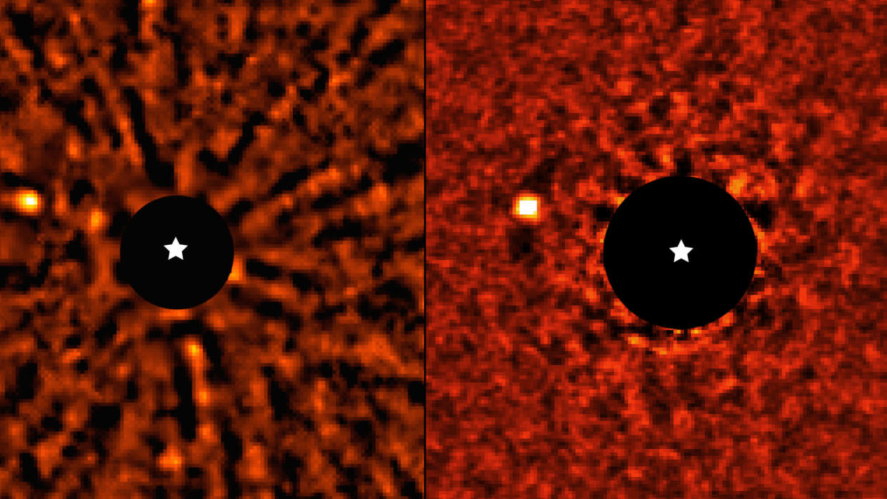  An exoplanets about four times larger than Jupiter can be seen toward the upper left corner of this image taken by the Very Large Telescope in Chile. 