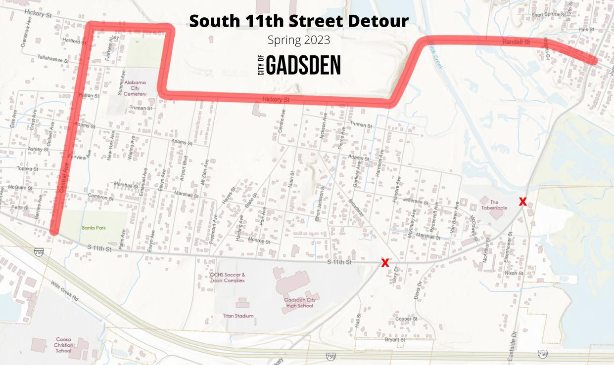 This map shows the detour that will be required when South 11th Street from Randall Street to Black Creek Parkway closes on Jan. 30 for the latest phase of the South 11th Street Reconstruction Project.