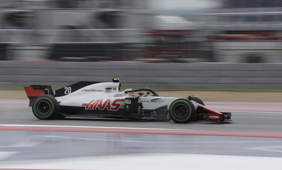 Haas driver Kevin Magnussen, of Denmark, steers his car during the first practice session for the Formula One U.S. Grand Prix auto race at the Circuit of the Americas, Friday, Oct. 19, 2018, in Austin, Texas. (AP Photo/Eric Gay)