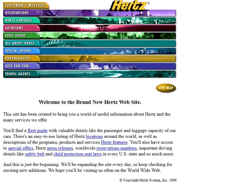 several colorful stripes on the Hertz website in 1996