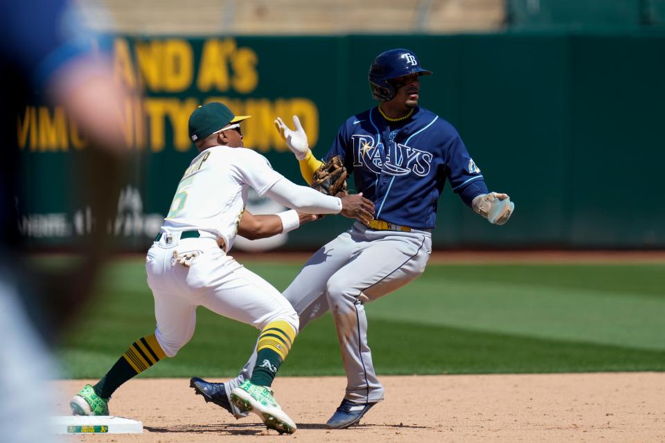 Rays shortstop Wander Franco is tagged out attempting to steal during the ninth inning of a June 15 game vs. the A's.