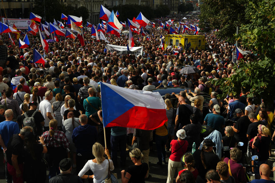 Thousands of demonstrators gather to protest against the government at the Vencesla's Square in Prague, Czech Republic, Saturday, Sept. 3, 2022. (AP Photo/Petr David Josek)