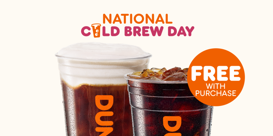 Dunkin' Rewards members can get a free cold brew, including cold foam, flavor shots and swirl customizations, with any purchase through the Dunkin' app on Saturday, April 20.
