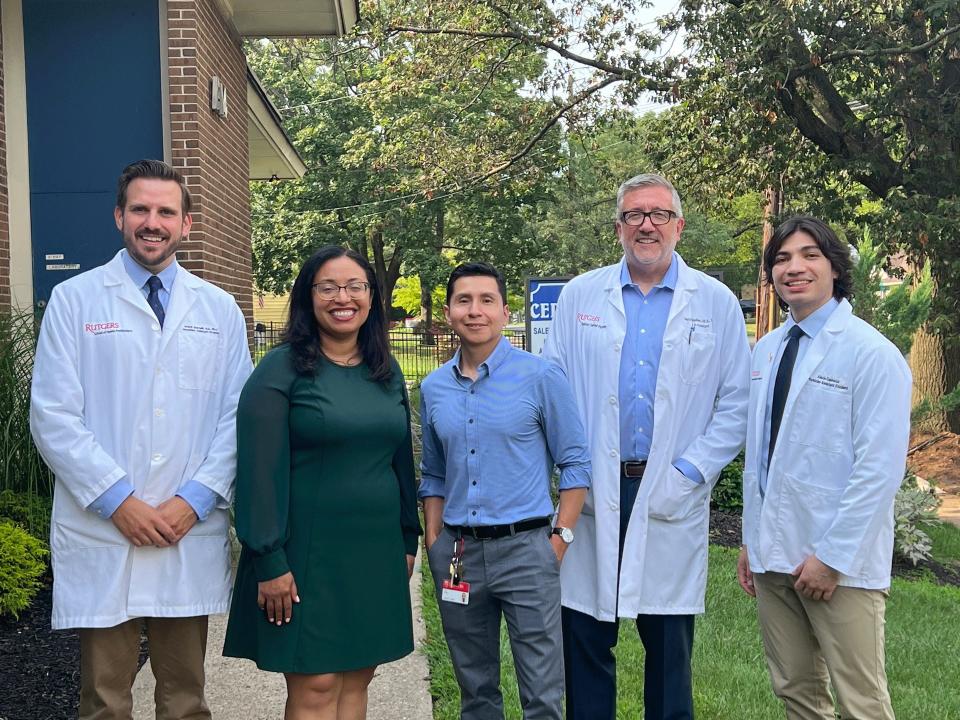 From left, Frank Giannelli, Director, Rutgers H.O.P.E. Clinic; Bonnie Reyna, Director, Quest for Health Equity; Jose Gutierrez, H.O.P.E. Program Assistant; Matthew McQuillan, Chair of the Department of Physician Assistant Studies and Practice; Alexis Espinoza, Physician Assistant Student.