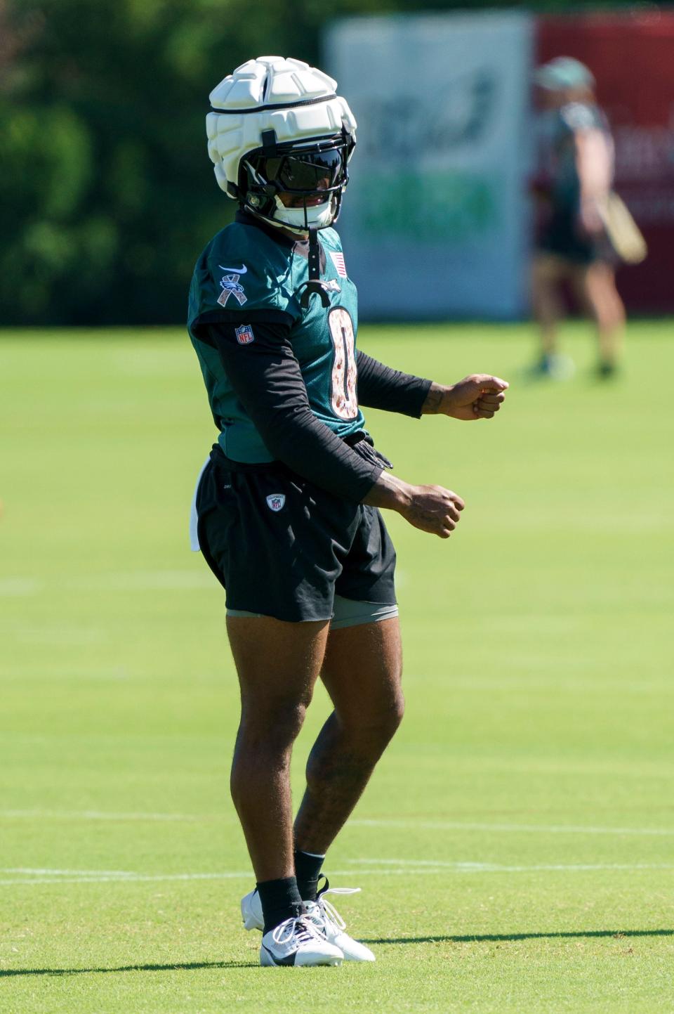 Philadelphia Eagles' D'Andre Swift looks on during practice at NFL football training camp, Sunday, July 30, 2023, in Philadelphia.