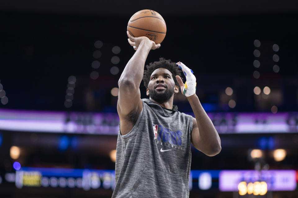 After undergoing surgery on his left ring finger two weeks ago, Joel Embiid hopes to make his return next week. (Mitchell Leff/Getty Images)