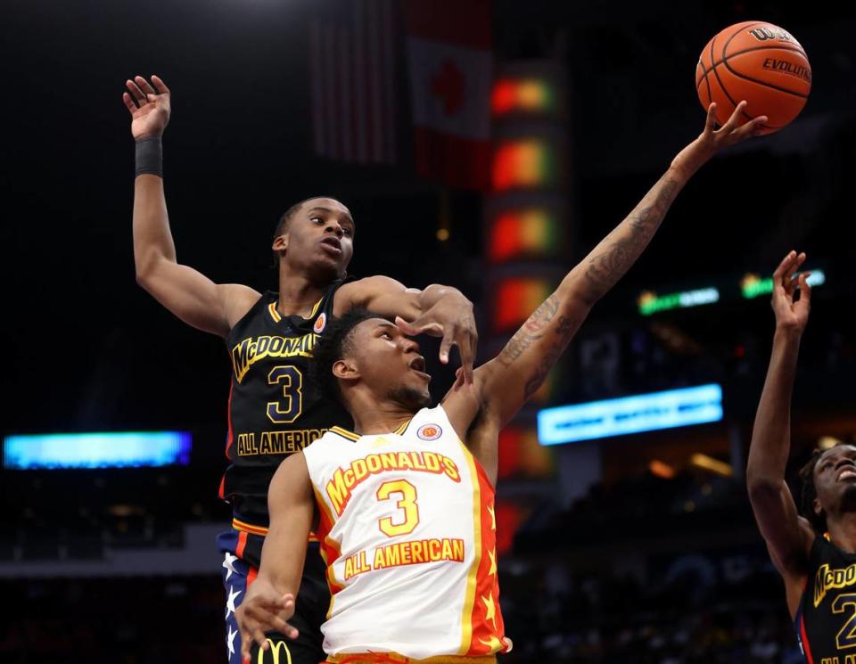 Kentucky signee Justin Edwards (3) had 11 points, five rebounds, two assists and two steals in helping lead the East to victory.