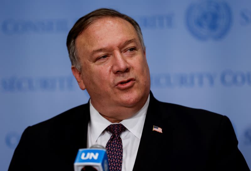 U.S. Secretary of State Mike Pompeo visits United Nations to submit complaint to Security Council calling for restoration of sanctions against Iran at U.N. headquarters in New York