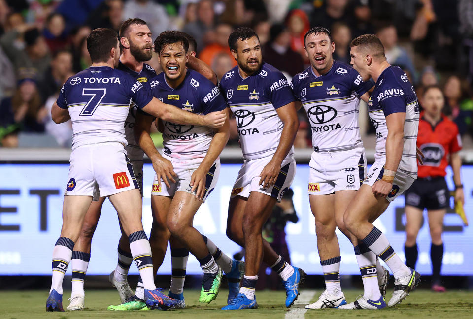 Jeremiah Nanai, pictured here after scoring the winning try for the Cowboys against the Raiders.