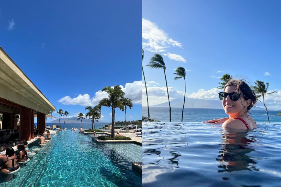 A split image shows the Serenity Pool at the Four Seasons Maui at Wailea (left), and a woman posing at the edge of the infinity pool (right).