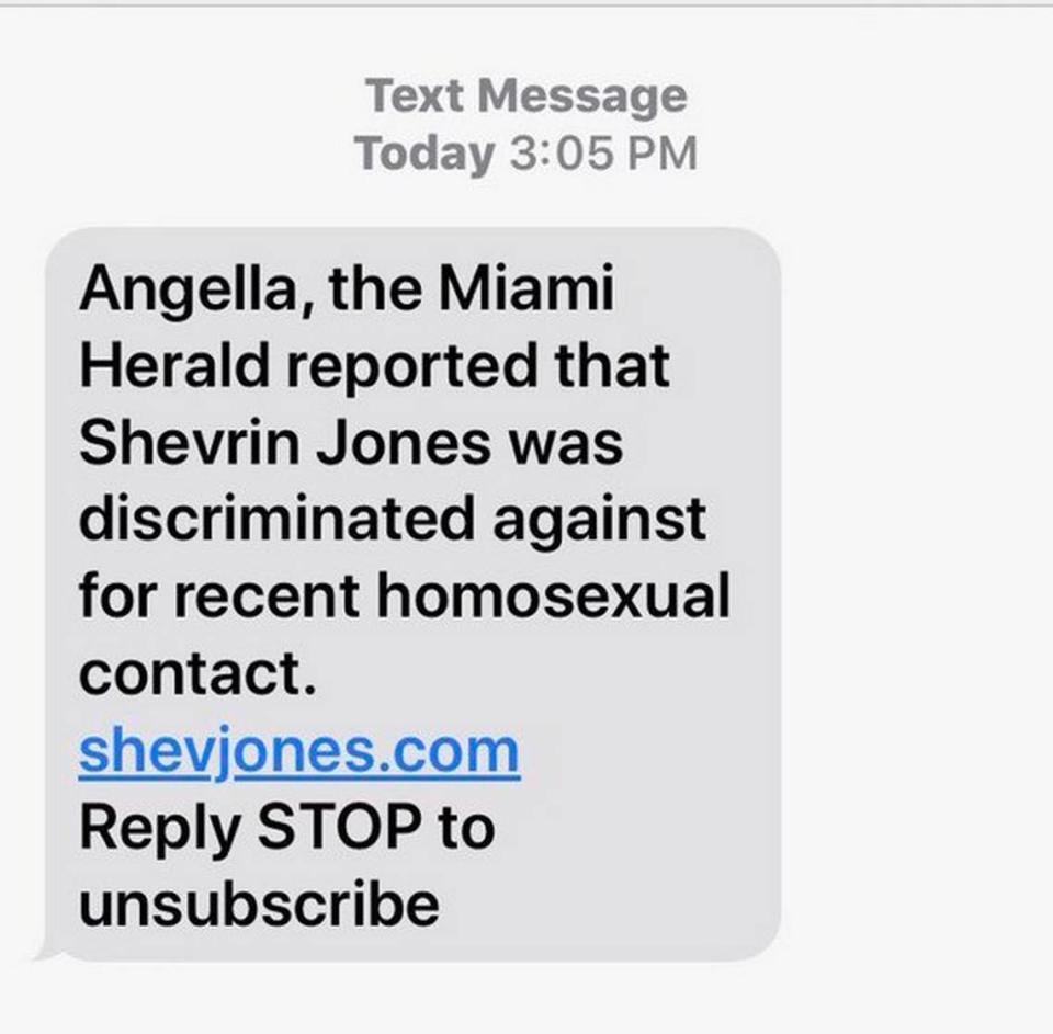 A text message was sent to voters across the district links to a website called “ShevJones.com,” where the Miami Herald article story about Rep. Shevrin Jones being turned away from donating blood is copied word-for-word.