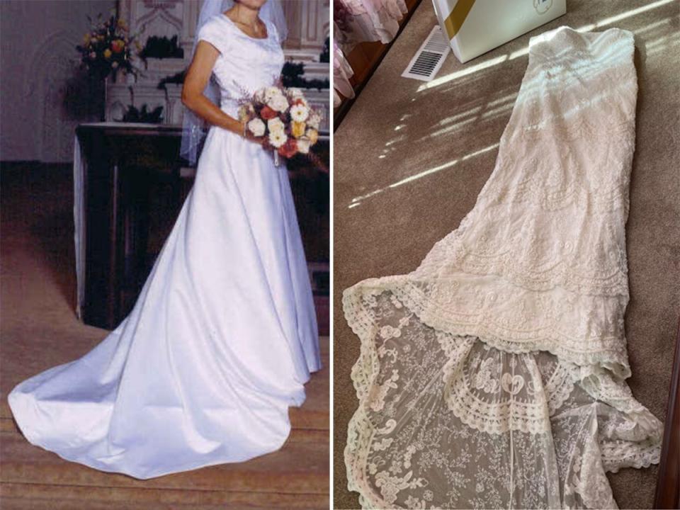 A side-by-side of two different wedding dresses.