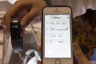 An InBody Band fitness bracelet is displayed during the 2015 International Consumer Electronics Show (CES) in Las Vegas, Nevada January 4, 2015. The band, which can monitor a variety of activities and measure body composition, is expected to be available in March 2015 priced at $179. REUTERS/Steve Marcus