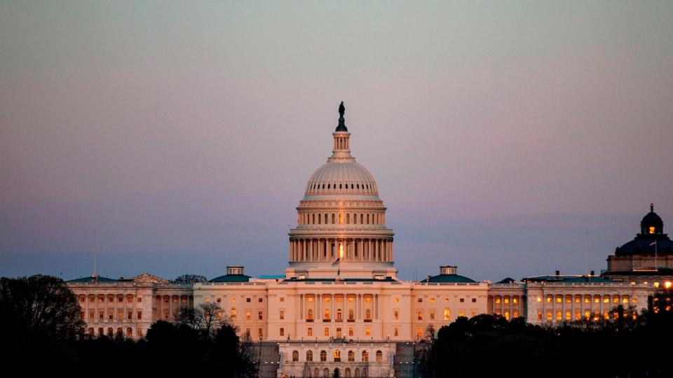 PHOTO: The U.S. Capitol building is seen from the base of the Washington Monument as the sun sets over the National Mall on March 16, 2024 in Washington, DC. (Samuel Corum/Getty Images)