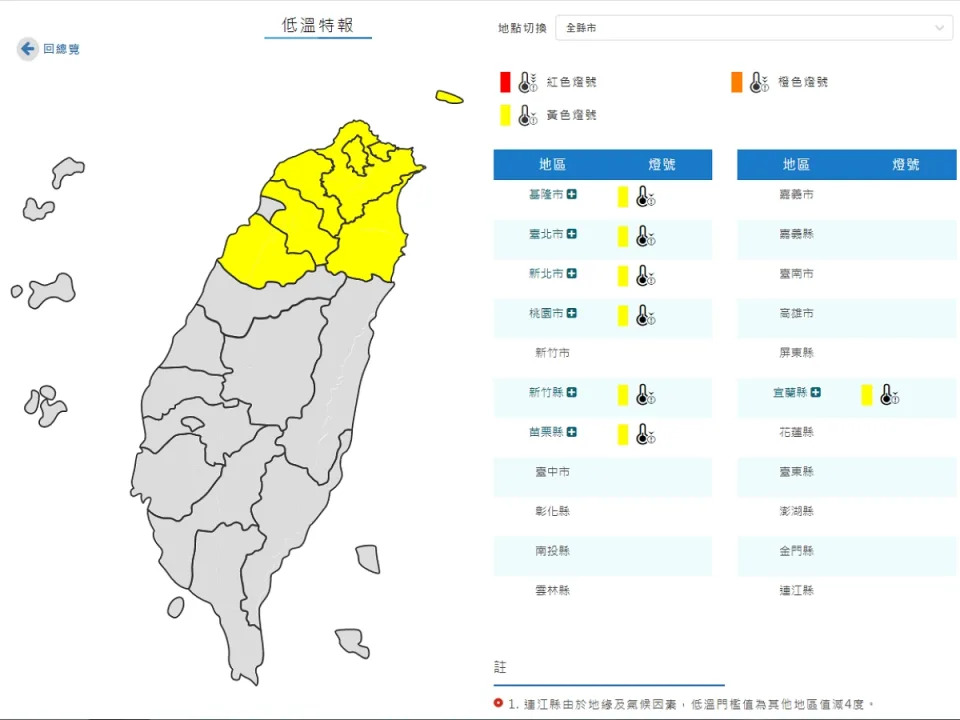 今天北台灣愈晚愈冷，北北基7縣市今晚起下探10度以下低溫。（圖：氣象署網站）
