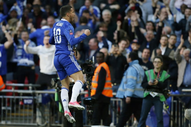 Eden Hazard celebrates scoring Chelsea's third goal during their FA Cup semi-final football match against Tottenham Hotspur at Wembley stadium in London on April 22, 2017