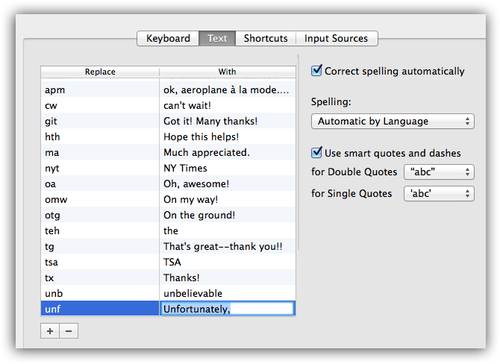 Mac screenshot of text expanders