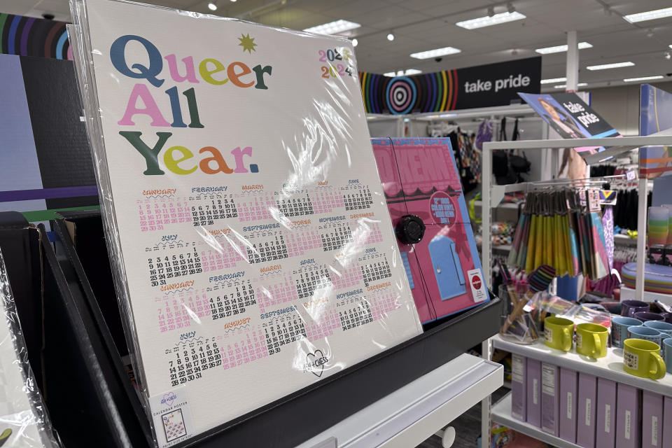 Pride month merchandise is displayed at a Target store Wednesday, May 24, 2023, in Nashville, Tenn. Target is removing certain items from its stores and making other changes to its LGBTQ+ merchandise nationwide ahead of Pride month, after an intense backlash from some customers including violent confrontations with its workers. (AP Photo/George Walker IV)