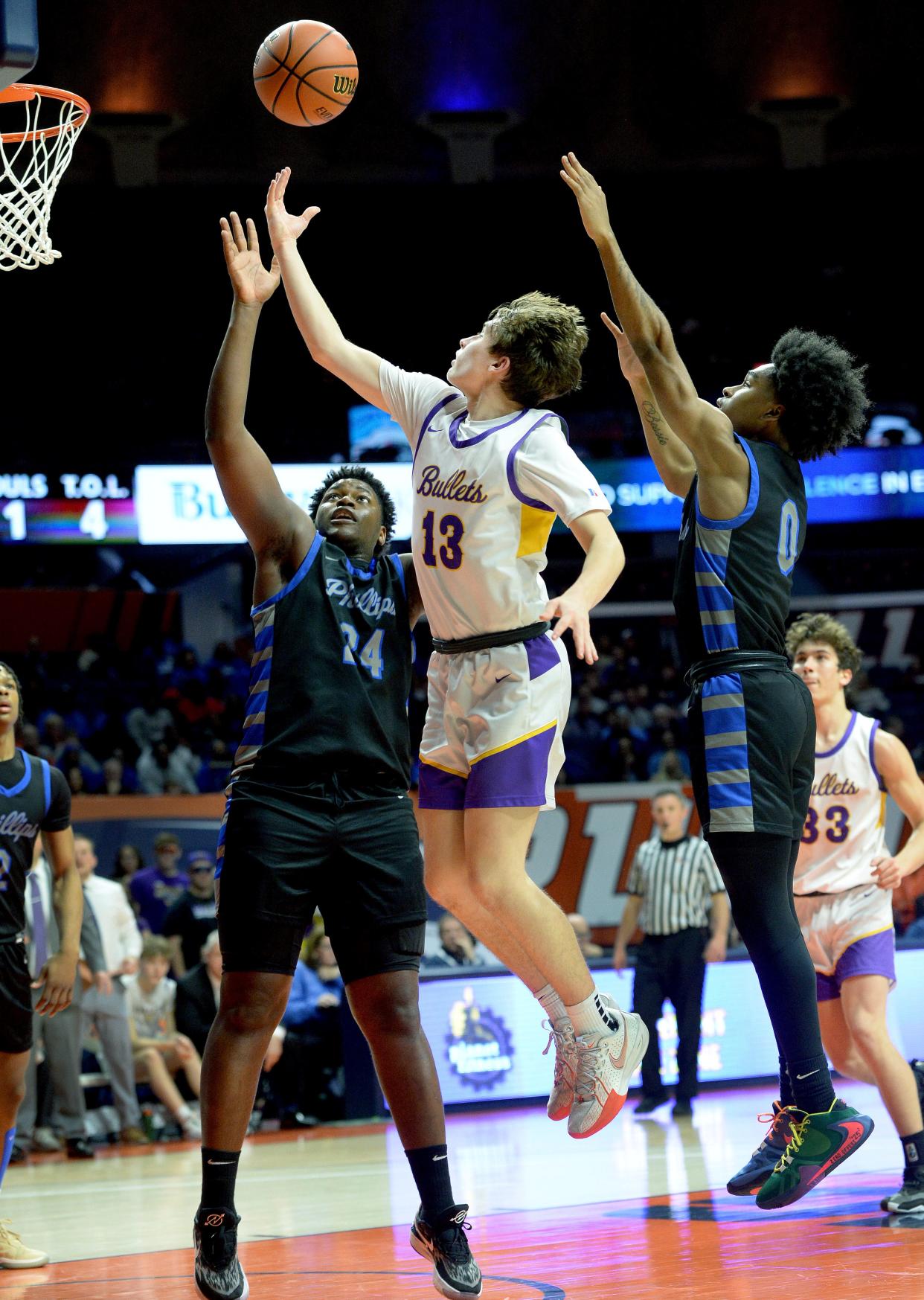 Williamsville's Brayden Saling goes up for a shot during the game against Wendell Phillips Academy at the 2A semifinal at the State Farm Center arena in Champaign Thursday, March 7, 2024.