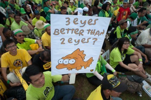 An activist is seen displaying a placard during a Green Gathering 2.0 in Kuantan, some 260 km east of Kuala Lumpur. Thousands rallied Sunday in Malaysia in the biggest protest yet against an Australian miner's rare earths plant, as the opposition vowed to shut down the facility if it came to power