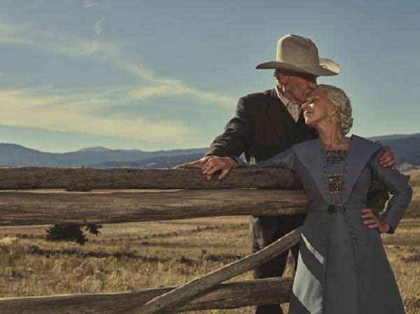 Harrison Ford as Jacob Dutton and Helen Mirren as Cara Dutton in 1923 streaming on Paramount+ 2022.