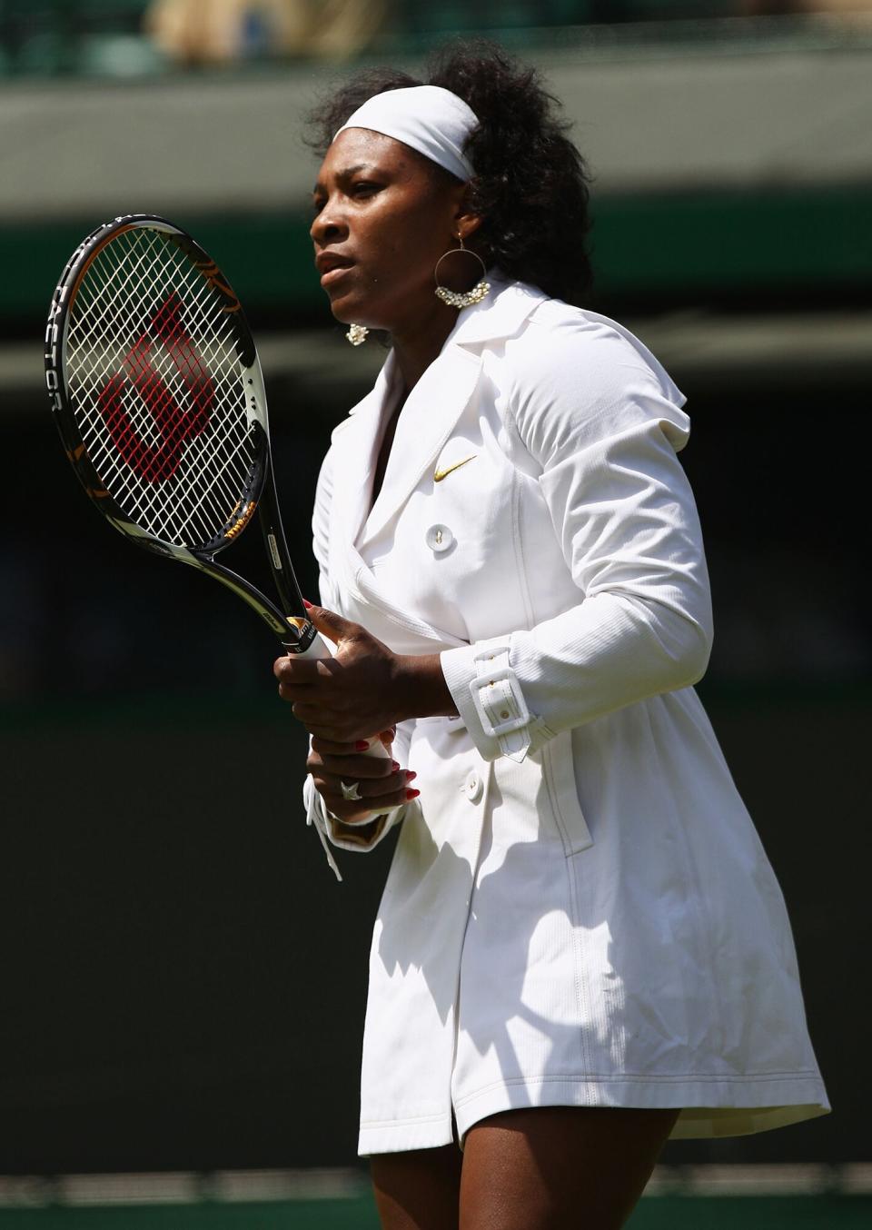 Serena Williams of United States prepares for her women's singles round one match against Kaia Kanepi of Estonia on day one of the Wimbledon Lawn Tennis Championships at the All England Lawn Tennis and Croquet Club on June 23, 2008 in London, England