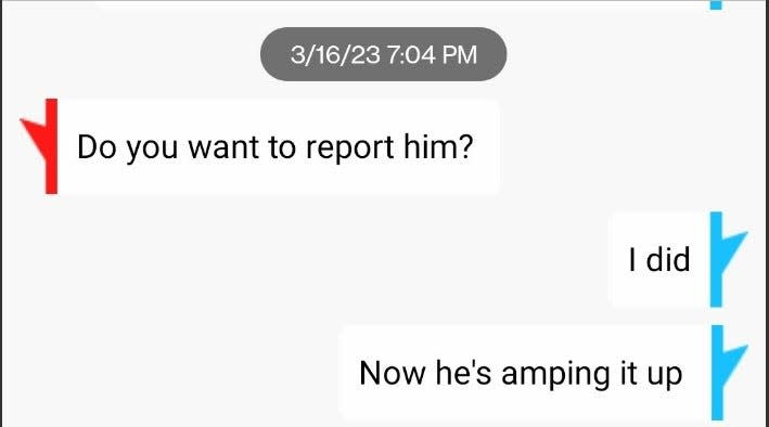 Texts show Solomon's friend asking if she wants to report her coworker for repeatedly asking her about her sexual orientation.
