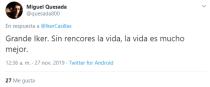 “Sin rencores la vida es mucho mejor”, le decía este usuario. (Foto: Twitter / <a href="http://twitter.com/quesada800/status/1199472096872730637" rel="nofollow noopener" target="_blank" data-ylk="slk:@quesada800;elm:context_link;itc:0;sec:content-canvas" class="link ">@quesada800</a>).