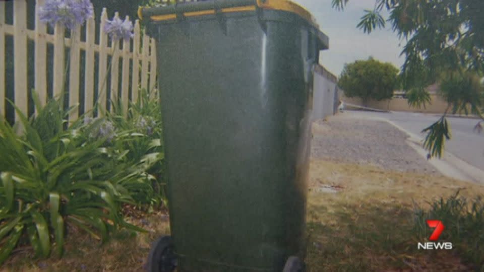 The wheelie bin was located along Hallcroft's fence.  Photo: 7News