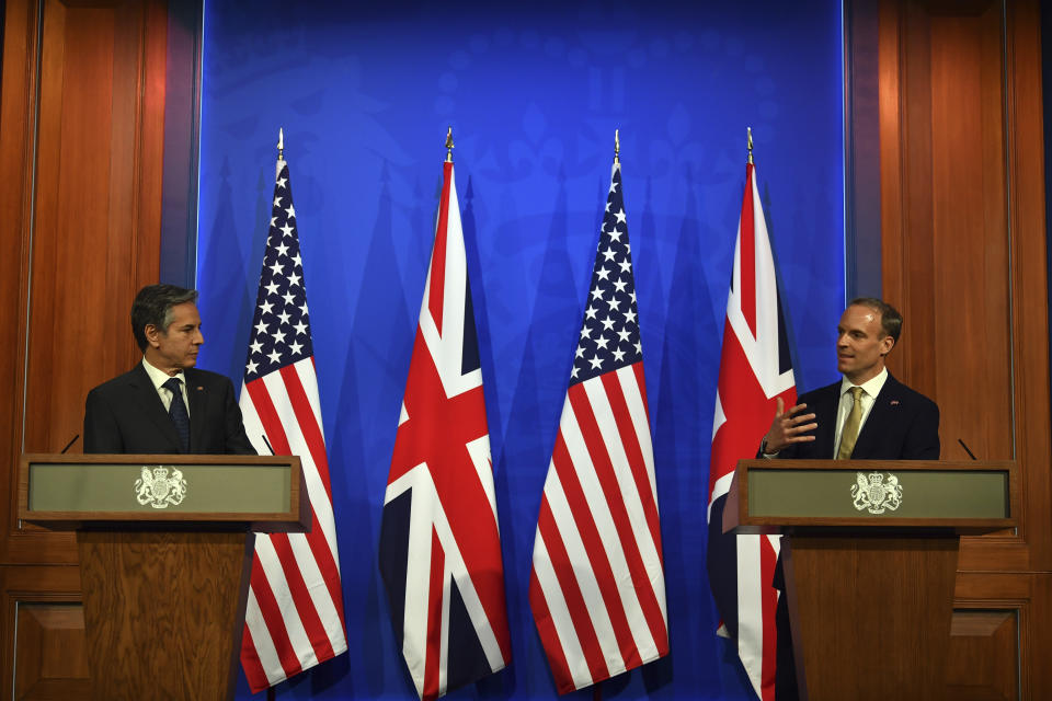 Britain's Foreign Secretary Dominic Raab, right, and US Secretary of State Antony Blinken attend a joint press conference at Downing Street in London, Monday, May 3, 2021, during the G7 foreign ministers meeting. (Ben Stansall/Pool Photo via AP)