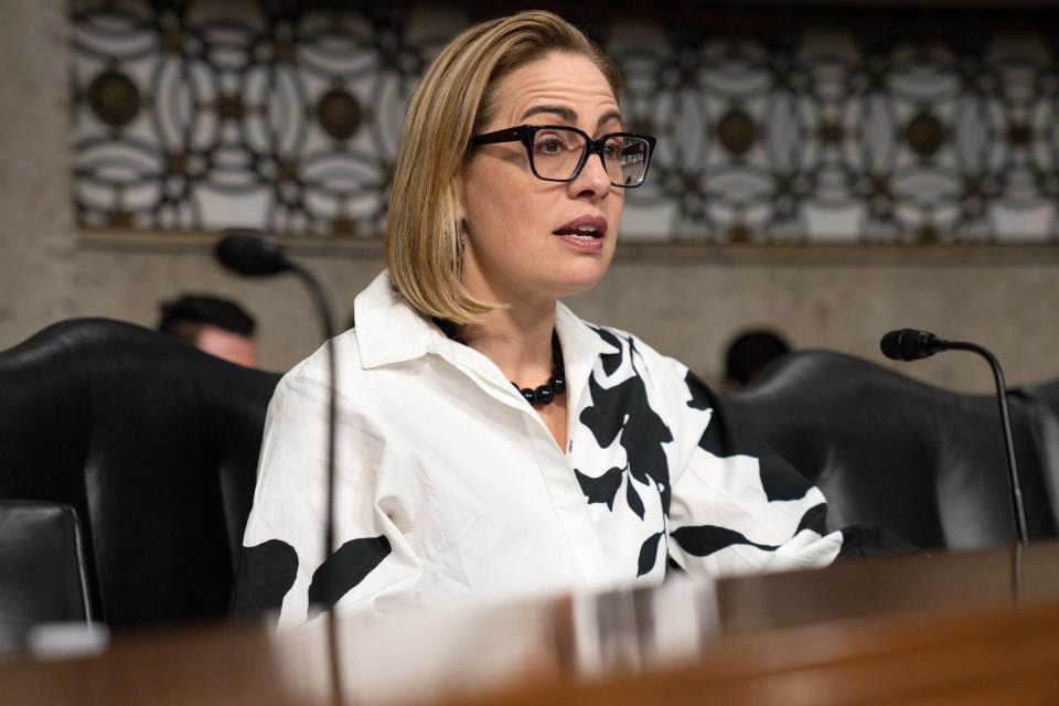 Sen. Kyrsten Sinema, I-Ariz., questions the witnesses during a Senate Banking, Housing, and Urban Affairs hearing examining the failures of Silicon Valley Bank and Signature Bank, Tuesday, May 16, 2023, on Capitol Hill in Washington.