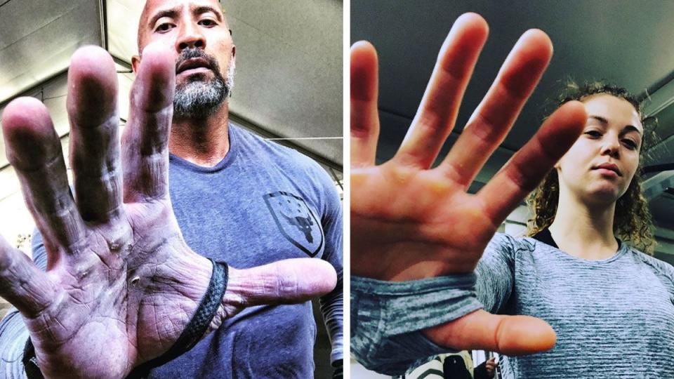 side-by-side of Dwayne "The Rock" Johnson and writer Lauren Mazzo doing the same pose