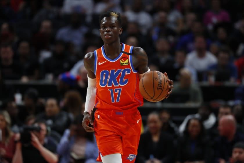 Oklahoma City Thunder guard Dennis Schroder (17) plays against the Detroit Pistons.