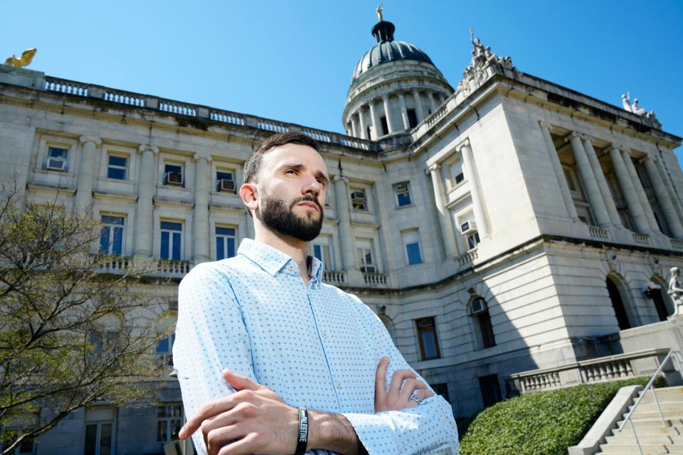 Isaac Jimenez is shown as he poses for a photograph, Monday, April 15, 2024, near the Bergen County Courthouse. Jimenez is an organizer with the North New Jersey Democratic Socialists of America, which has gathered signatures to have ÒUncommittedÓ on the ballot in all 21 New Jersey counties. They have done this to protest against BidenÕs support for Israel since October 7.