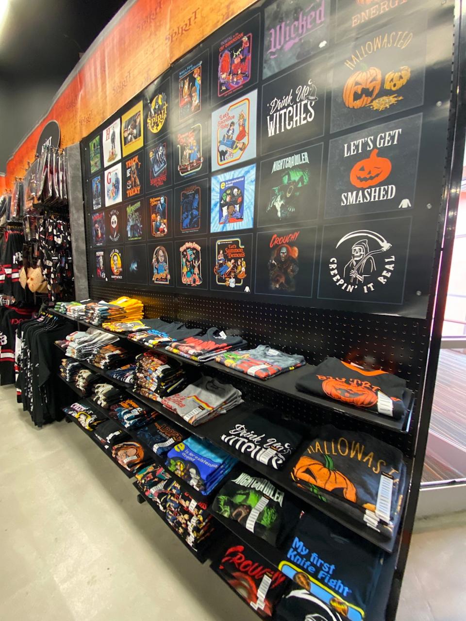 The T-shirt wall at Spirit Halloween's flagship store.